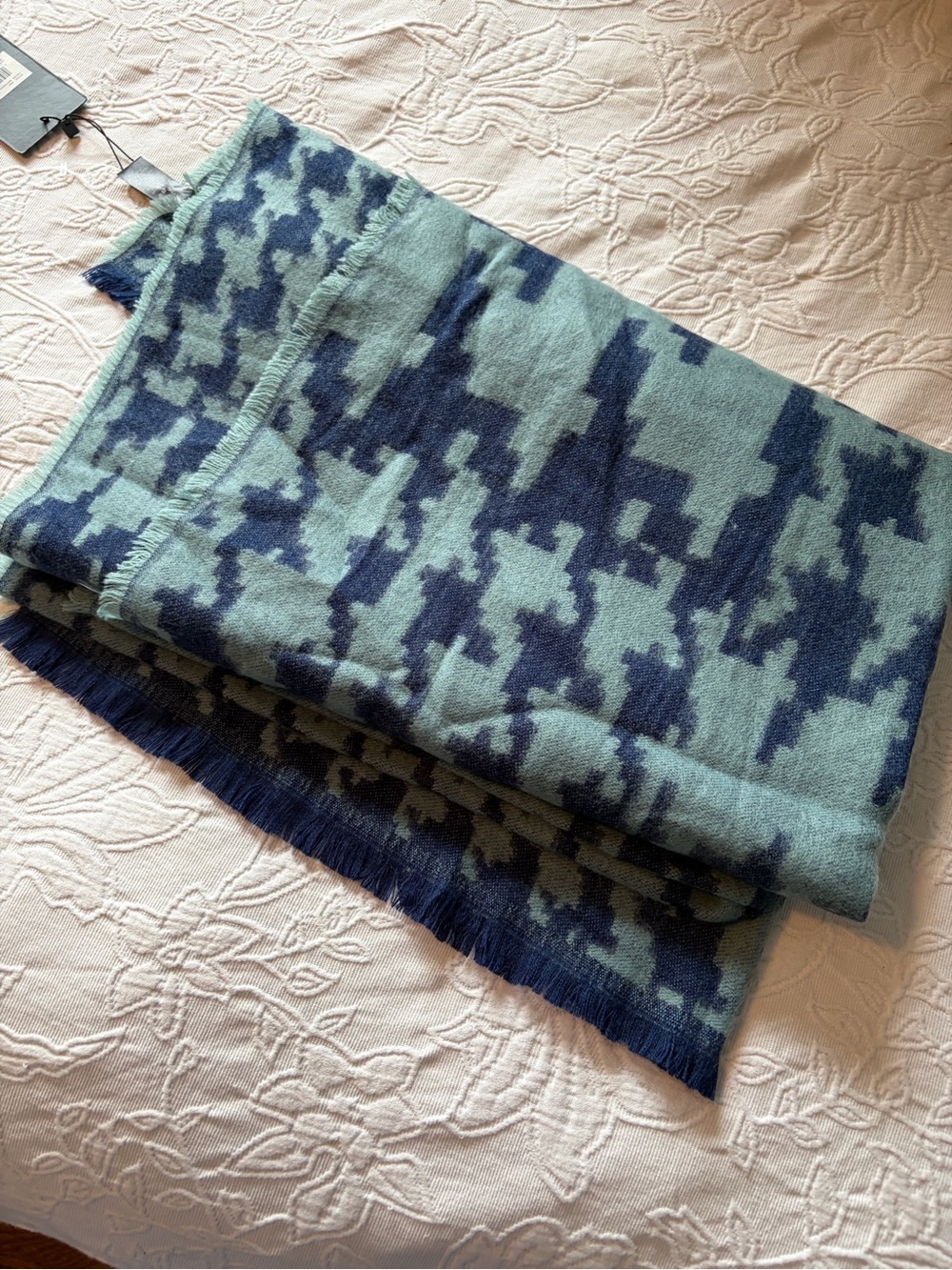 Classic Houndstooth Scarf in Teal and Navy Blue